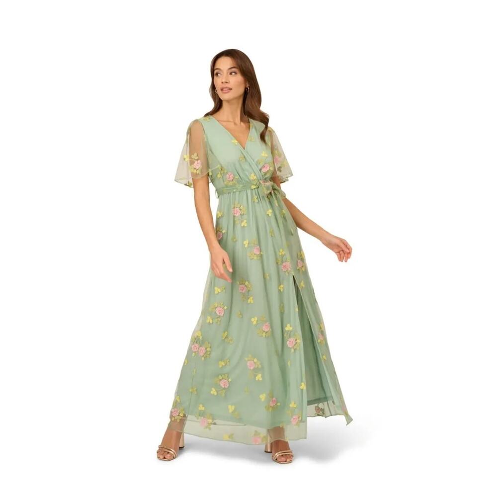 Adrianna Papell Green Embroidered Maxi Dress Size XL